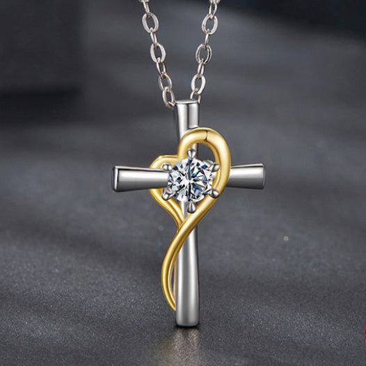 Moissanite Love Cross Necklace - Sterling Silver